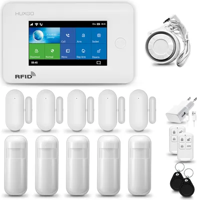 Produktbild von HUXGO HXA006 Alarmanlage Haus WiFi + GSM 4G LTE mit Sirene, Alarm System mit 5x Bewegungssensor und 5x Tür- Fenstersensor, Alarmanlage für Wohnung, Haus, Garage, Tuya Smartlife App