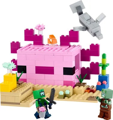 Produktbild von LEGO 21247 Minecraft Das Axolotl-Haus Set, baubare rosa Unterwasserbasis mit Taucherforscher, Zombie, Delfin- und Kugelfisch-Figuren, Abenteuer-Spielzeug für Kinder, Mädchen, Jungen ab 7 Jahren