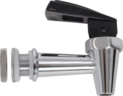 A chrome-plated faucet with a black handle, shown against a white background.