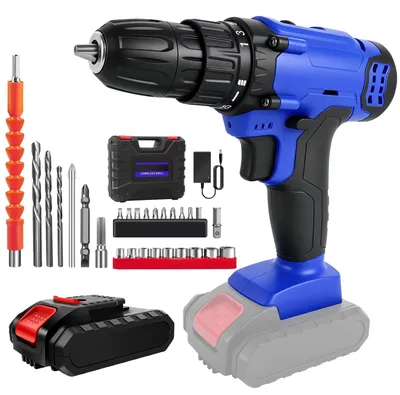 Productafbeelding van Accuboormachine/schroefmachine - 21 V - 45 Nm - 25+1 koppelstanden - 2 snelheden - 1 accu van 1,5 Ah - 26 accessoires en koffer