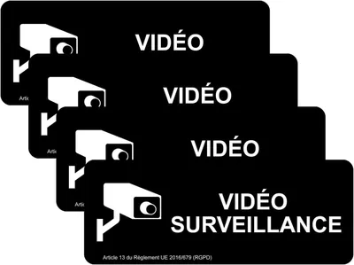 Image de Panneaux de surveillance vidéo, autocollants, lot de 4, dimensions 180 x 70 mm, pour intérieur et extérieur