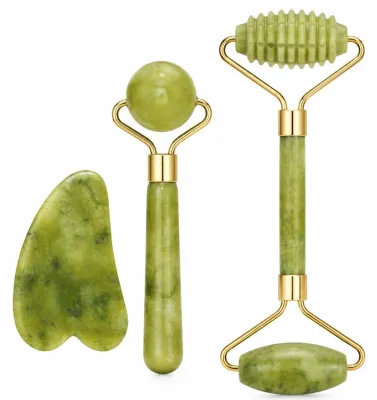 Obrázek produktu pro Sada Gua Sha a masážního válečku z jadeitu, 3 kusy pro masáž obličeje