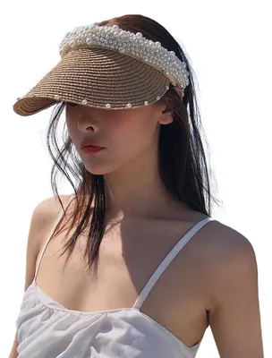 Produktbild von 56-58 cm Hutumfang, Sommer-Sonnenschutz, Perlen-Zylinder, leerer Strandhut, Gesichtsbedeckung, Strohhut, Sonnenschutz, Sonnenhut