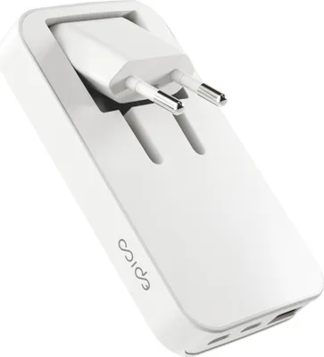 A white power adapter with European plug prongs inserted into a slot.