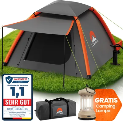Produktbild von ELONEO aufblasbares Zelt für 1-3 Personen mit Vordach & Luftpumpe, Camping Zelt wasserdicht, Luftzelt ultraleicht, Inflatable Tent, Glamping Zelt mit gratis LED Licht