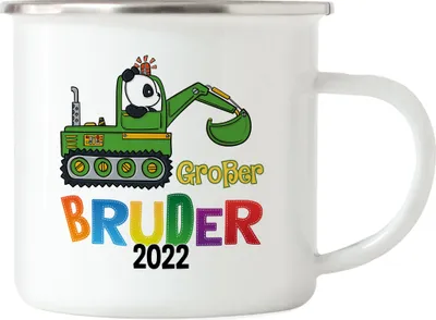 Produktbild von Großer Bruder 2022 Emaille Tasse Panda Bagger Motiv Geschenk Ankündigung Babynews