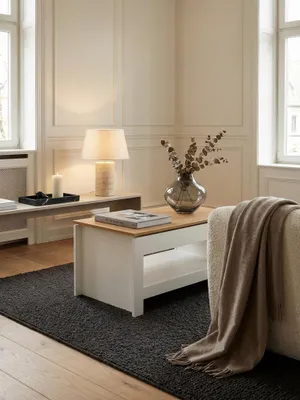 Produktbild von Couchtisch Weiß / Eiche 85x47x45 cm Wohnzimmertisch mit Stauraum, Design Sofatisch mit Ablagefach Modern, Kaffeetisch Loungetisch Eckig