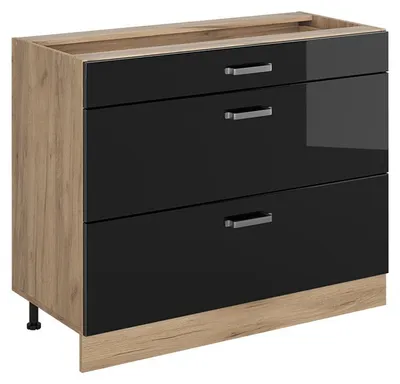 Immagine prodotto di Mobiletto base per cucina Vicco R-Line Nero lucido/Rovere dorato 100 cm senza piano di lavoro, Model 71643