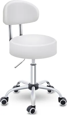 Produktbild von TRESKO® Rollhocker mit Lehne 150 kg Weiß | Arbeitshocker höhenverstellbar 46-58 cm | Drehhocker mit Rollen | Bürostuhl Hocker Drehstuhl Kosmetikhocker