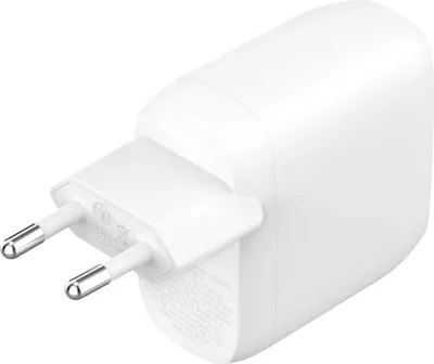 A white USB-C charger with European plug prongs.