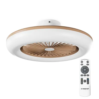 A ceiling fan with integrated LED lighting and a remote control.