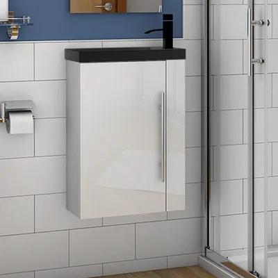 Produktbild von Waschbecken mit Unterschrank hochglanz Weiß 45cm Waschtisch gäste WC Schwarz Becken