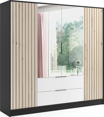Produktbild von ALTDECOR Kleiderschrank NERA mit Spiegel und selbstschließenden Flügeltüren mit Lamel - 200 cm Schwarz / Weiß / Artisan