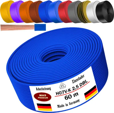 Immagine prodotto di Cavo di alimentazione da 60 metri, tipo H07 V-K DBL, sezione 1x2,5 mm², colore blu scuro, monofilo, flessibile