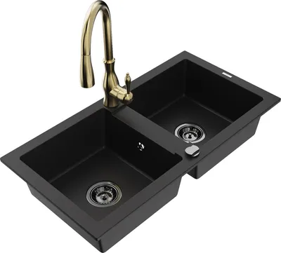 Produktbild von Mexen Mario 2-Becken-Granitspüle mit Mischbatterie Savita, Schwarz - 6504-77-672601-50-B
