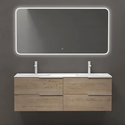 Immagine prodotto di doporro Mobile Bagno Sospeso 144x48x52cm, Mobiletto per Bagno con Lavabo Doppio e Specchio LED, Rovere chiaro, Seria Vanessa