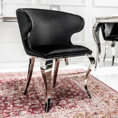 Obrázek produktu pro Elegantní židle MODERN BAROCK II černý samet nerezová jídelní židle křeslo sametový potah