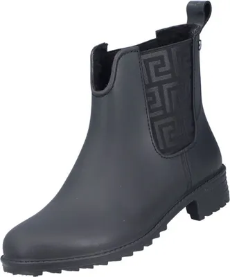 A black Chelsea boot with a geometric pattern on the side.
