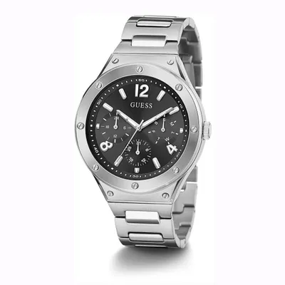 A silver Guess watch with a black face is shown against a white background.