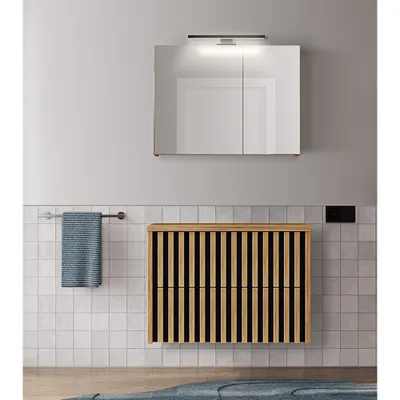 Produktbild von Badmöbel Set in Eiche Nb. mit Lamellenfronten LUCCA-107 LED-Spiegelschrank, 80 cm Waschbeckenunterschrank, B/H/T: ca. 81/200/45,5 cm