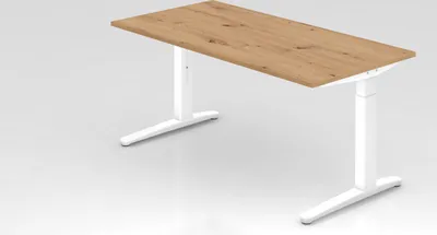 Produktbild von Schreibtisch Mika | Asteiche | Weißes Gestell | BxT 160x80cm | Arbeitshöhe 65-85cm | höhenjustierbar, 1cm Raster | C-Fuß-Gestell | Rechteckform