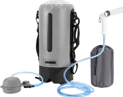Produktbild von Ikodm Campingdusche mit Fußpumpe, mobile Outdoor Dusche ohne Akku und Strom, tragbare Druckdusche mit Duschkopf und Schlauch für Camping Wohnmobil Garten Hund