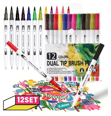 Produktbild von 24 Colors Dual Tip Brush Pens – Filzstift Set mit Pinsel- & Fineliner-Spitze | Doppelseitige Marker für Handlettering, Bullet Journal & Zeichnen