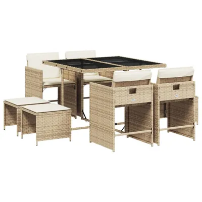Produktbild von 9-tlg. Garten-Essgruppe mit Kissen Beige Poly Rattan