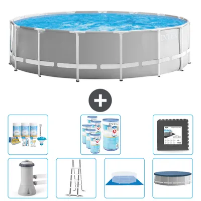 Produktbild von Intex Round Prism Frame Swimming Pool – 457 x 122 cm – Grau – inklusive Pumpe – Leiter – Bodenplane – Abdeckung Wartungspaket - Filter - Bodenfliesen