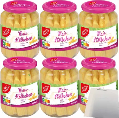 Produktbild von Gut & Günstig Maiskölbchen süß-sauer eingelegt 6er Pack (6x330g Glas) + usy Block