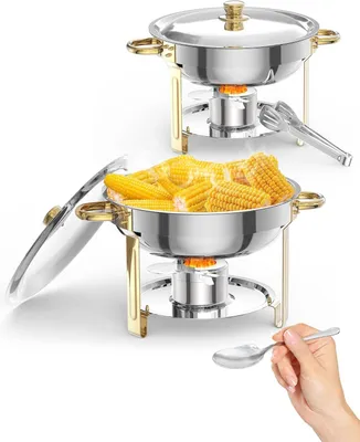 Produktbild von 2er Set Speisenwärmer, 5L runde Edelstahl-Chafing-Dishes und Warmhaltebehälter, mit Deckel,Deckelhalter,Löffel,Pinzette für Catering,Partys,Abendessen
