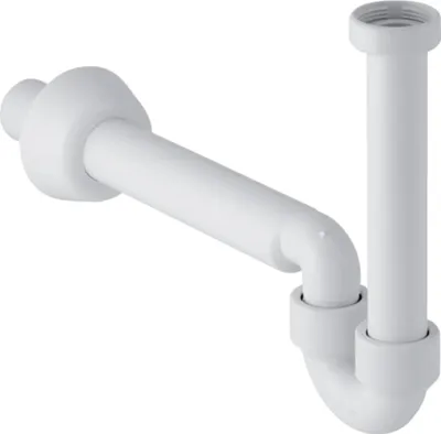 A white plastic siphon pipe for a sink or bidet.