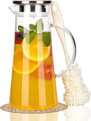Immagine prodotto di Caraffa in vetro borosilicato Unyqoos® da 1,5 litri, resistente al calore (-20°C–150°C), priva di BPA e di piombo, con 2 versatori, coperchio in acciaio inossidabile, dimensioni 25,5×11,5 cm, adatta all'uso in frigorifero