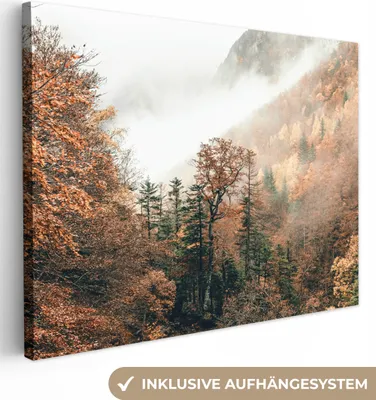 Produktbild von MuchoWow® - Leinwandbilder - Natur - Wald - Nebel - Herbst, Wandbild, Wanddeko Bilder Wohnzimmer, 80x60 cm