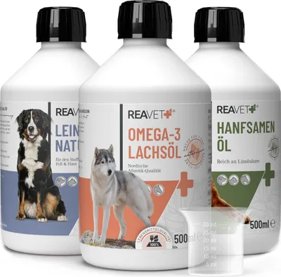 Produktbild von REAVET Futteröl für Hunde, 3×500 ml – BARF Öl Set mit Lachsöl, Leinöl & Hanfsamenöl I Kaltgepresst & ohne Zusätze I Natürliche Futteröle & BARF Zusatz