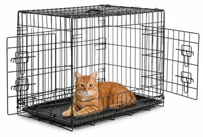 Produktbild von lionto Transportkäfig für Katzen aus Metall, stabil & klappbar mit Trennwand & Kunststoffbodenwanne, 92x58x64 cm