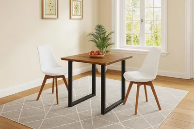 Produktbild von 3-TLG. Essgruppe Quinn | Esstisch mit 2 Stühlen | 90x90 cm | Esstisch mit echter Baumkante | Akazienholz massiv + Nussbaumfarben | U-Gestell Schwarz | 2X Schalenstuhl Weiß