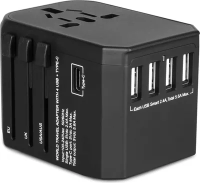 Produktbild von Universeller Voyage-Adapter, Universeller Voyage-Adapter, Universeller Voyage-Adapter mit 4 USB-Anschlüssen + Schnellladegerät Typ C 3,0 A, Internationaler Adapter für USA, Japan, Kanada, Großbritannien, Französisch
