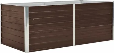 A brown metal raised garden bed with silver metal corner supports, shown from a slight angle against a white background.