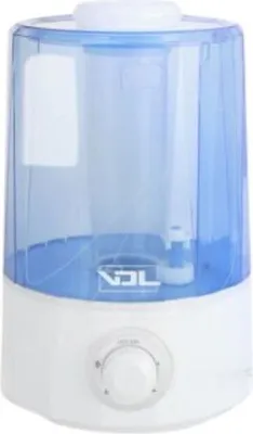 A white and blue humidifier is shown against a white background.