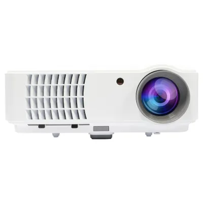 A white LED projector is shown from the front on a white background.