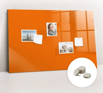 Obrázek produktu pro Magnetická Tabule na Zeď Skleněná - Memo Board Kleněnou Přední Stranou - 5 magnetů v balení - 90x60 cm - Barva oranžová