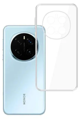 A clear protective case is shown next to a light blue smartphone.