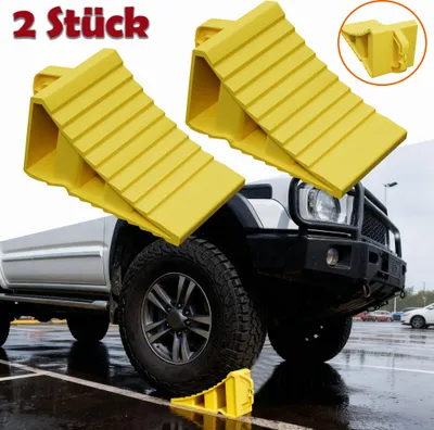 Image de UISEBRT Cales de roue, set de 2, jaune, robustes cales de roue en plastique PP antidérapantes avec poignée, pour voiture, remorque, camping-car, caravane, camion, arrêt de pneu