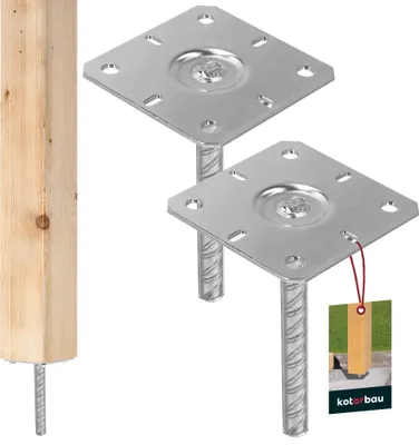 Two metal post anchors with rebar legs and a wooden post on the left.