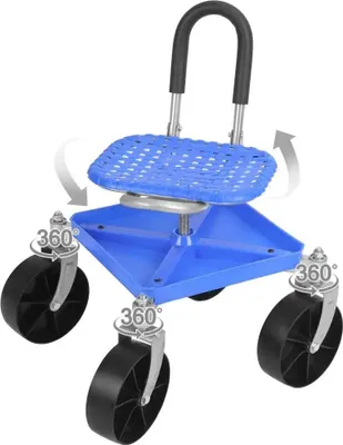 Image de Siège de jardin - Tabouret mobile sur roulettes - Pivotant - Réglable en hauteur - Avec rangement pour outils - Charge maximale : 150 kg - Métal - Bleu