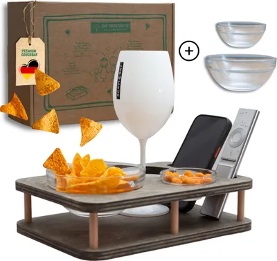 Produktbild von Couchbar Snackbar in Grau mit 2 Glasschalen - Couchbar Mini - Couch tablett  für Snacks & Getränke [stabil & sicher] - Snackbar für Kaffeetasse