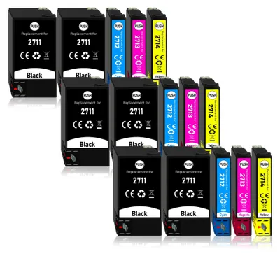 A collection of printer ink cartridges arranged in a staggered pattern on a white background.