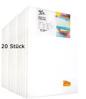 Produktbild von Mont Marte Weiße Leinwände Keilrahmen Set zum Bemalen, 30cm x 40cm Großpack mit 20 bespannten Keilrahmen, aus Baumwolle, 280 g/m²,für Anfänger & Profi