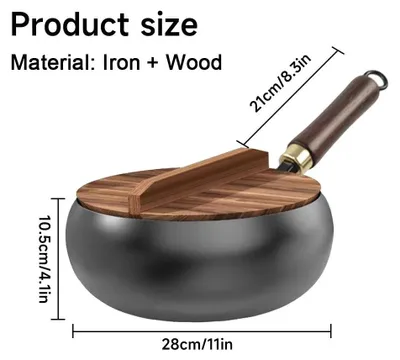 Image de Wok en fer forgé, diamètre 28 cm, non revêtu, avec couvercle en bois. Traditionnellement chinois, idéal pour la cuisson à la poêle et le wok. Compatible avec les plaques à induction et les cuisinières à gaz